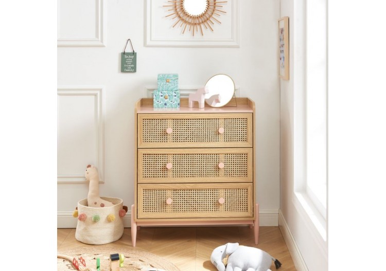 Commode PABLO rose et cannage rotin 3 tiroirs 2