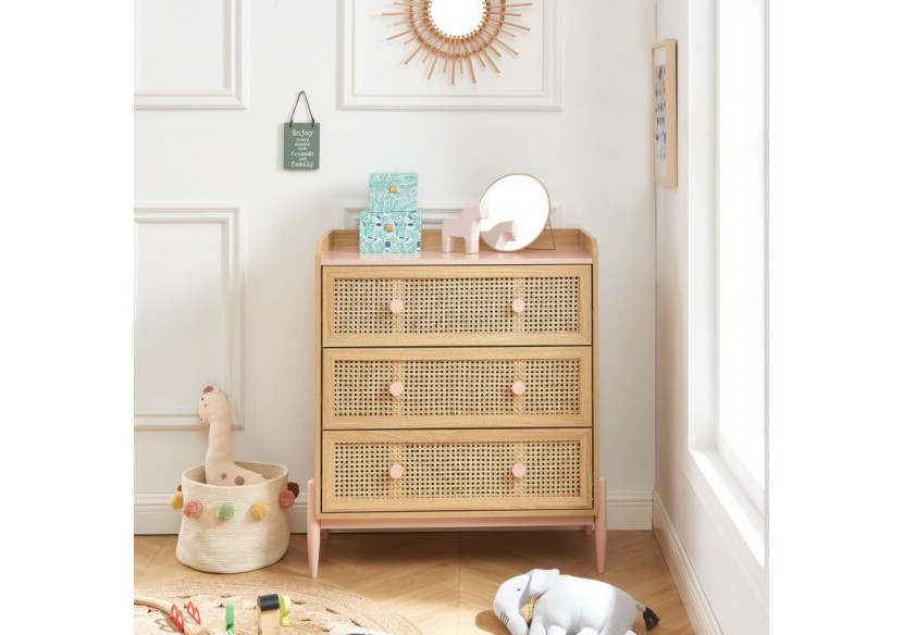 Commode PABLO rose et cannage rotin 3 tiroirs