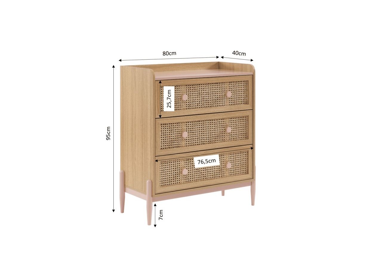 Commode PABLO rose et cannage rotin 3 tiroirs
