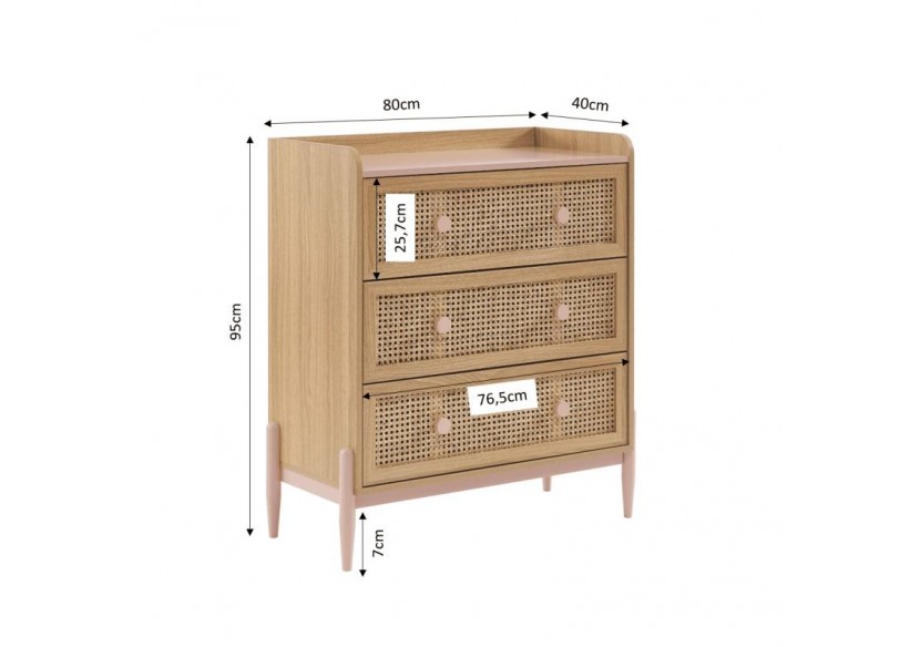 Commode PABLO rose et cannage rotin 3 tiroirs