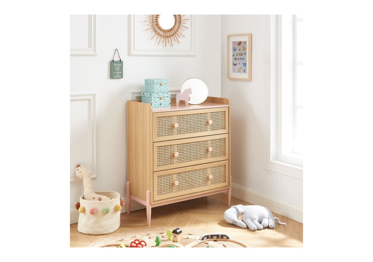 Commode PABLO rose et cannage rotin 3 tiroirs