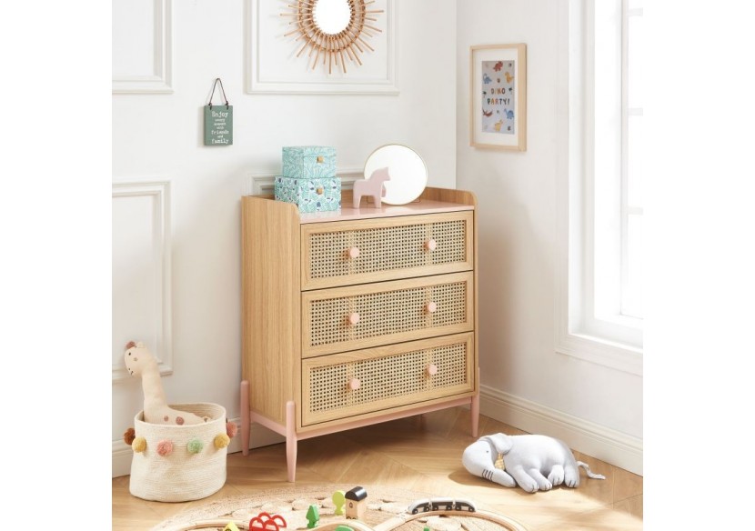 Commode PABLO rose et cannage rotin 3 tiroirs