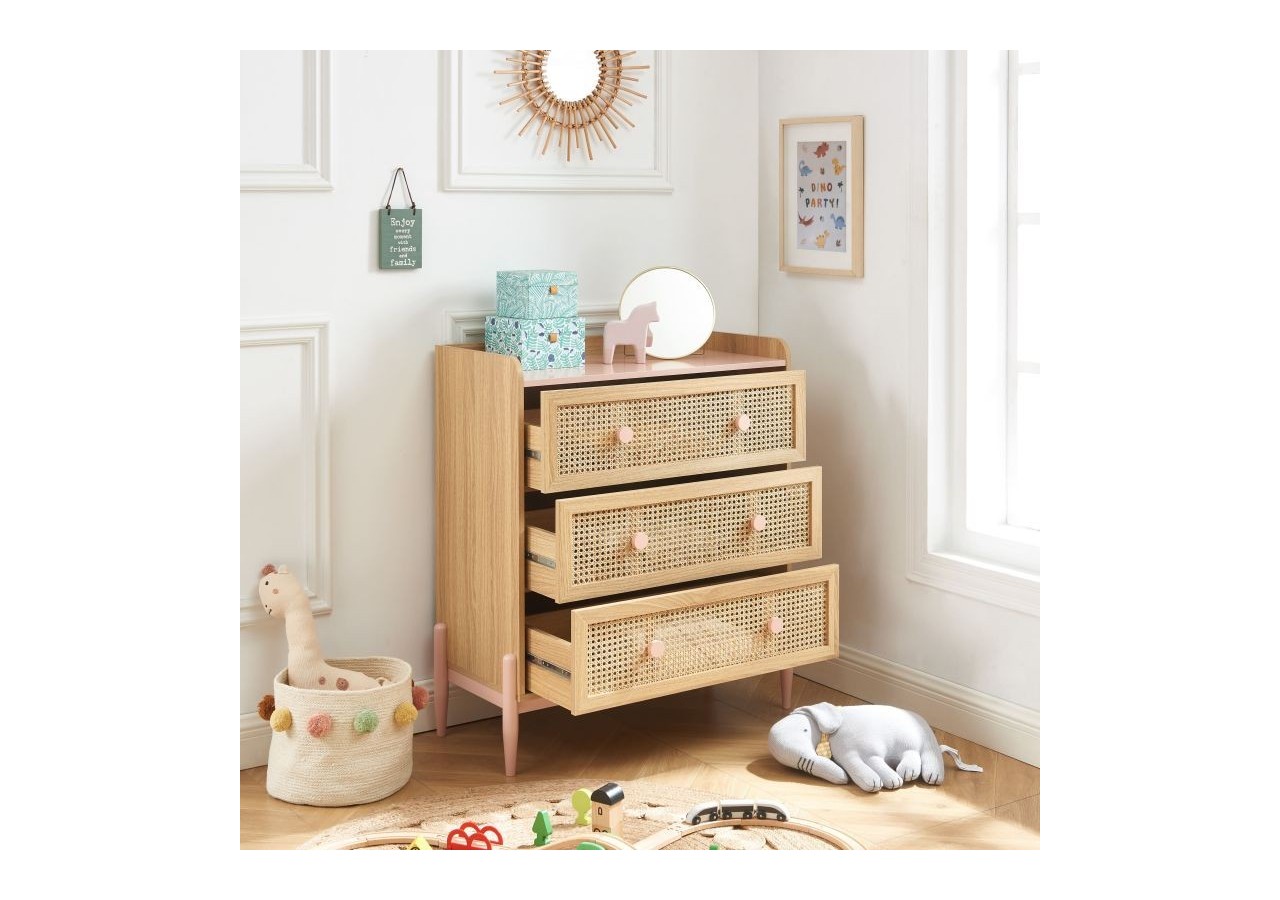 Commode PABLO rose et cannage rotin 3 tiroirs