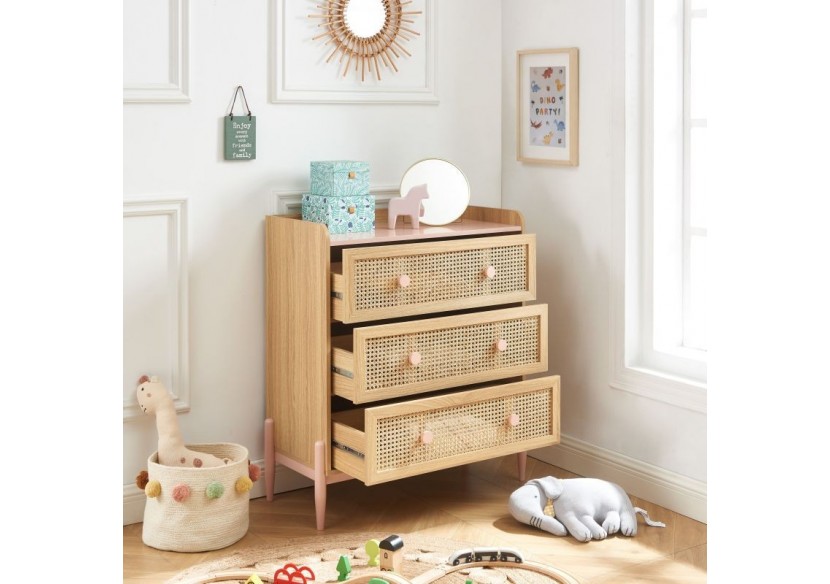 Commode PABLO rose et cannage rotin 3 tiroirs