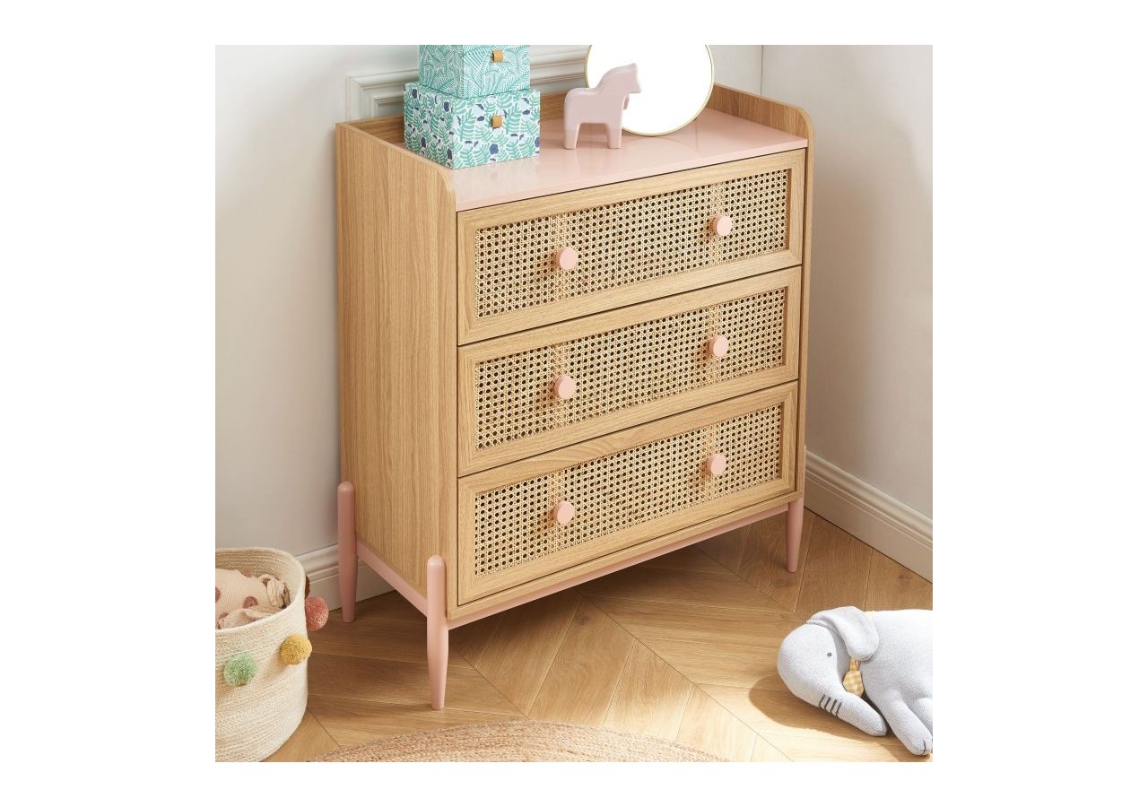 Commode PABLO rose et cannage rotin 3 tiroirs