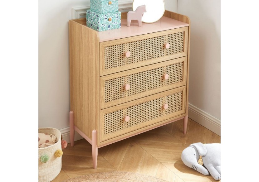 Commode PABLO rose et cannage rotin 3 tiroirs
