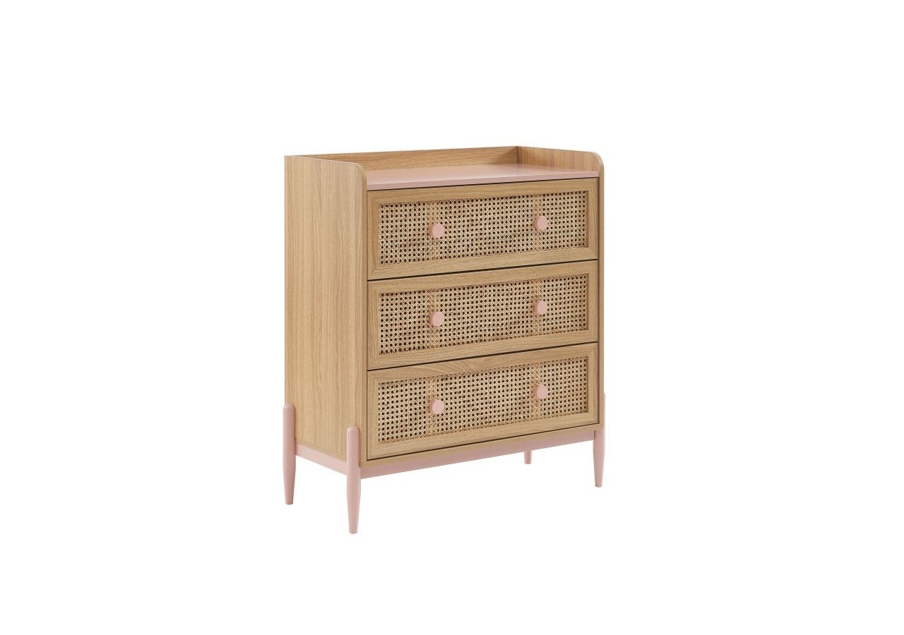 Commode PABLO rose et cannage rotin 3 tiroirs