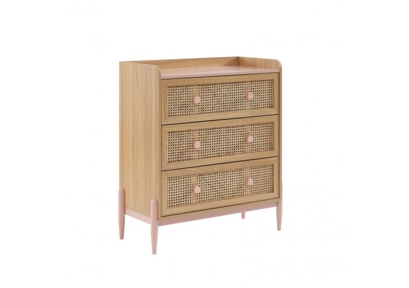 Commode PABLO rose et cannage rotin 3 tiroirs