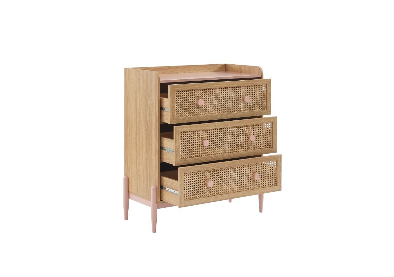Commode PABLO rose et cannage rotin 3 tiroirs