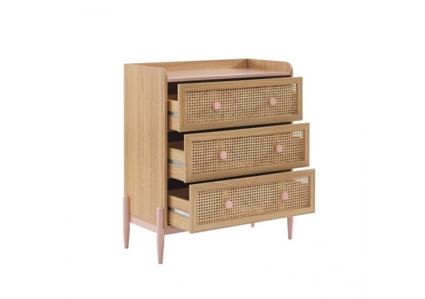 Commode PABLO rose et cannage rotin 3 tiroirs