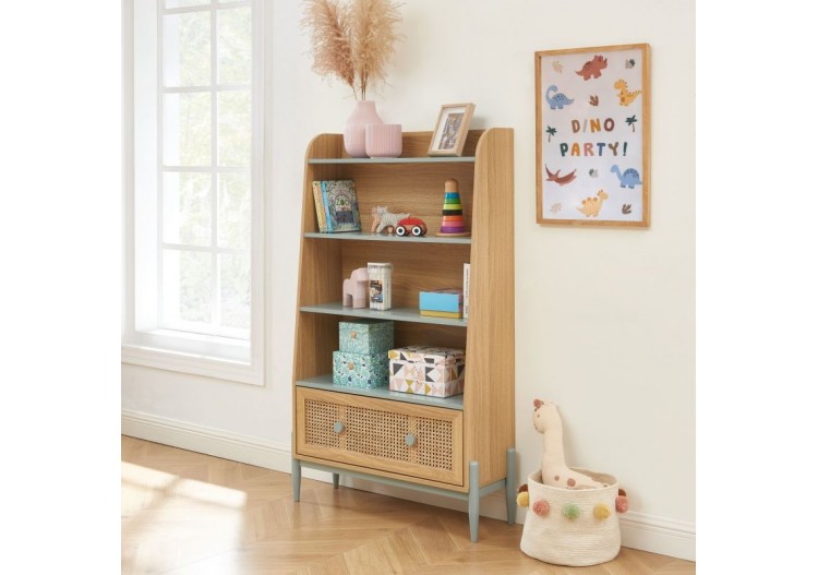 Bibliothèque PABLO bleu et cannage rotin 3 étagères 2