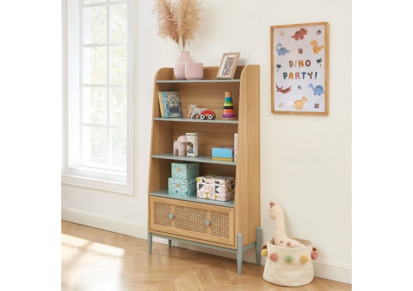 Bibliothèque PABLO bleu et cannage rotin 3 étagères