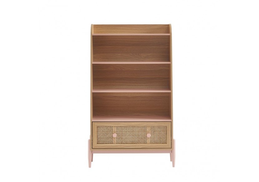 Bibliothèque PABLO rose et cannage rotin 3 étagères