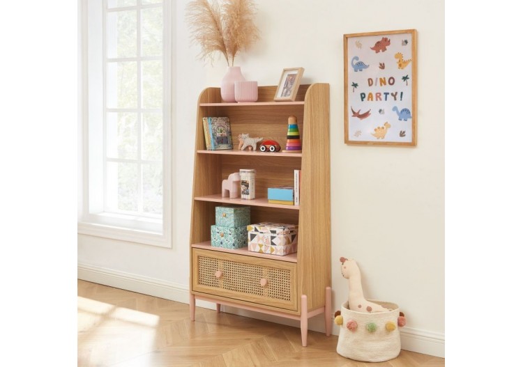 Bibliothèque PABLO rose et cannage rotin 3 étagères 2