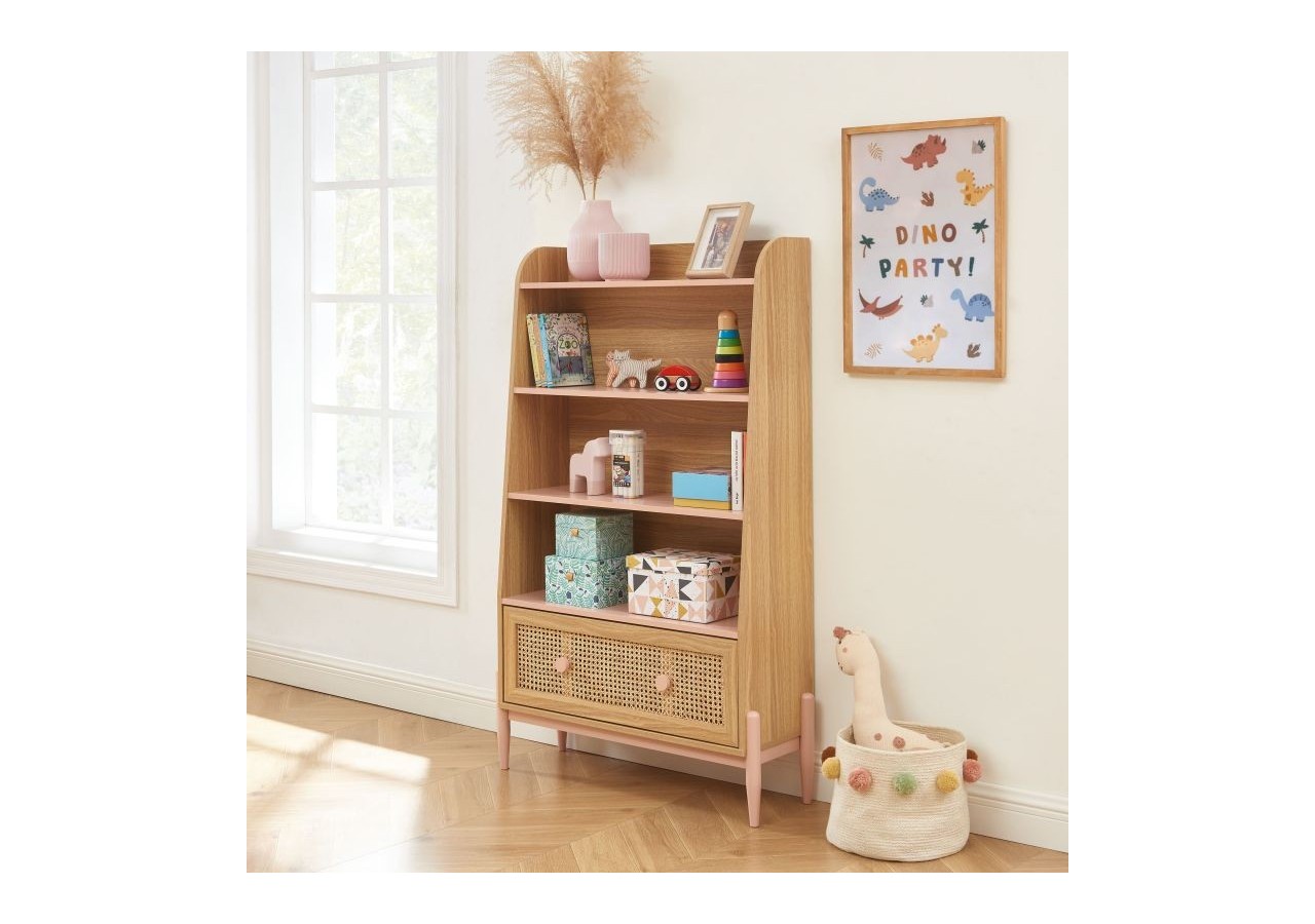 Bibliothèque PABLO rose et cannage rotin 3 étagères