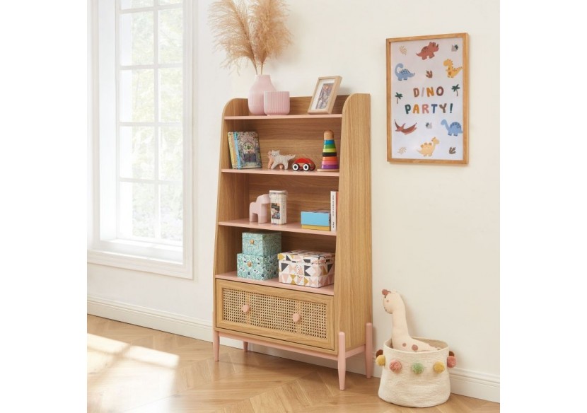 Bibliothèque PABLO rose et cannage rotin 3 étagères