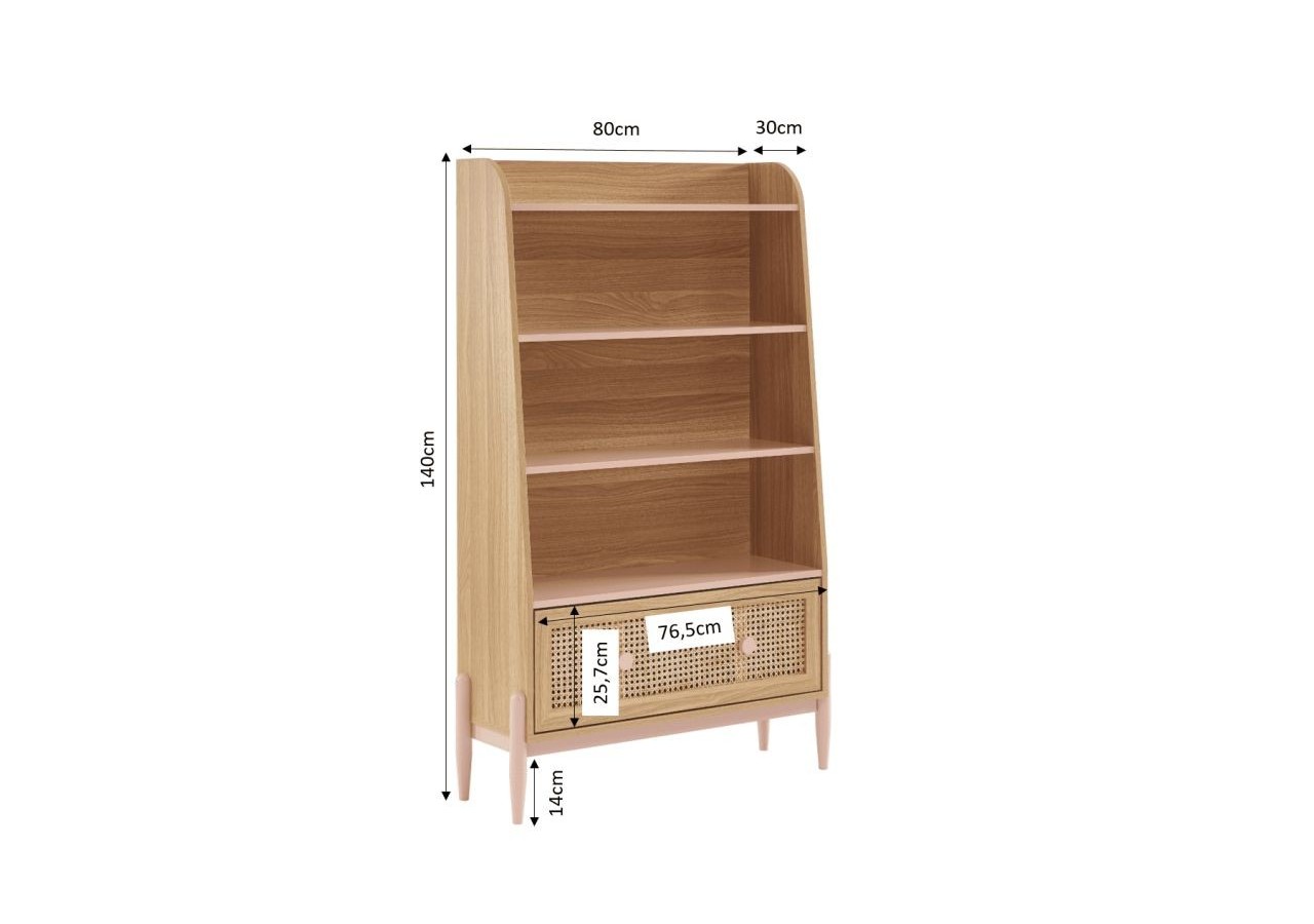 Bibliothèque PABLO rose et cannage rotin 3 étagères