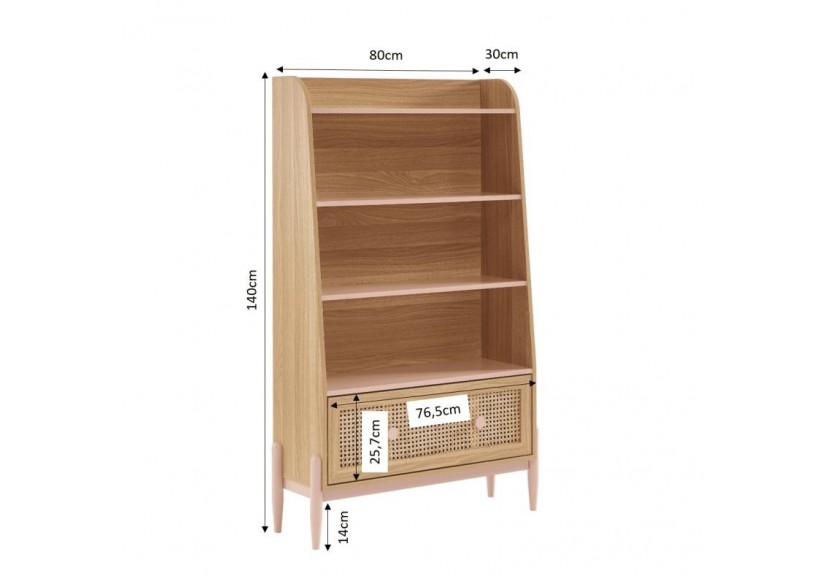 Bibliothèque PABLO rose et cannage rotin 3 étagères