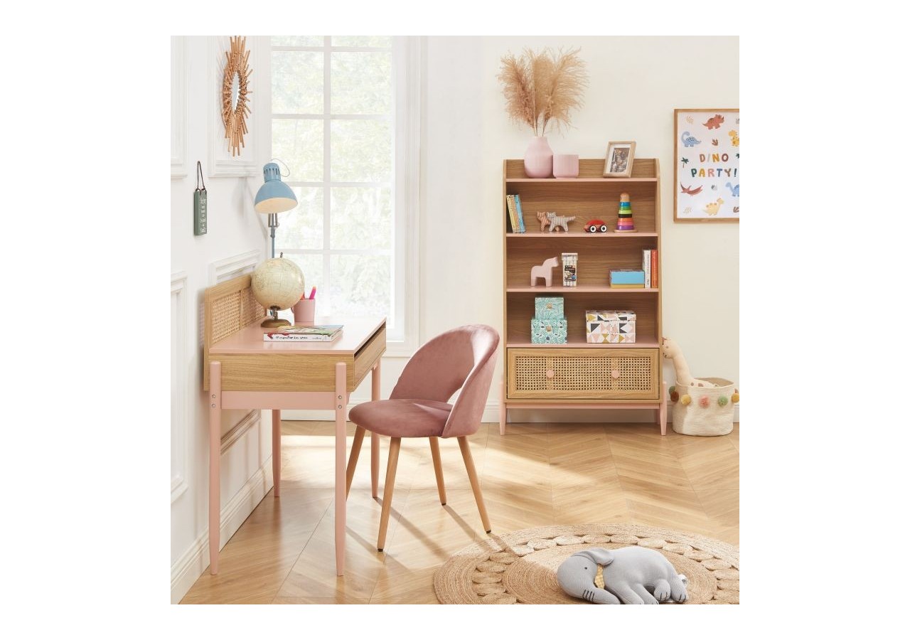 Bibliothèque PABLO rose et cannage rotin 3 étagères