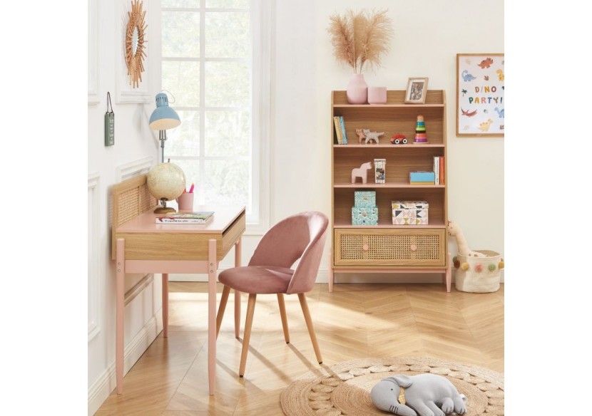 Bibliothèque PABLO rose et cannage rotin 3 étagères