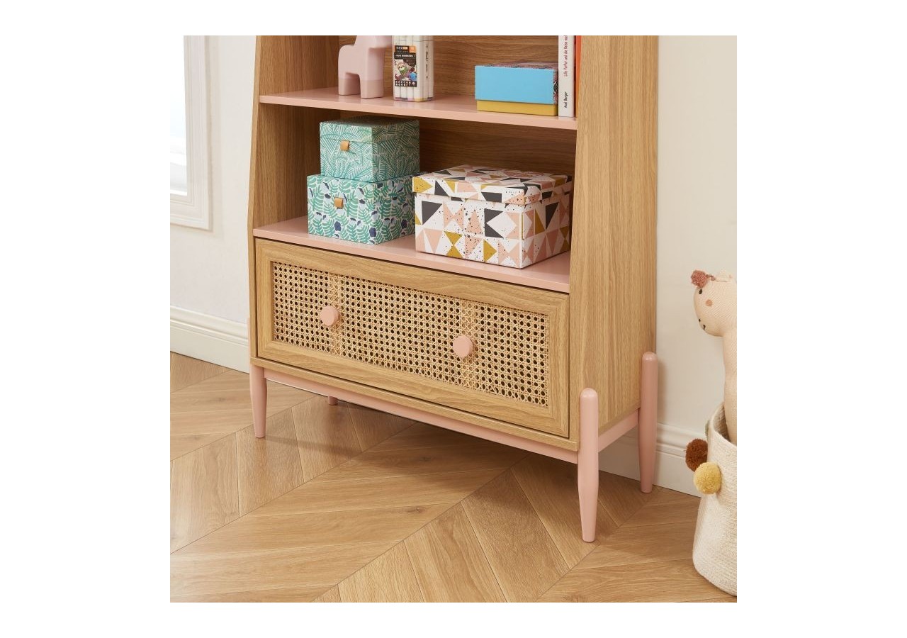 Bibliothèque PABLO rose et cannage rotin 3 étagères