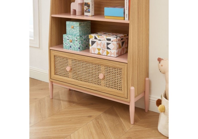 Bibliothèque PABLO rose et cannage rotin 3 étagères