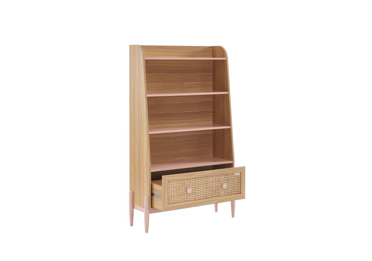Bibliothèque PABLO rose et cannage rotin 3 étagères