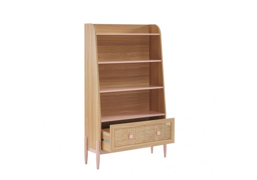 Bibliothèque PABLO rose et cannage rotin 3 étagères