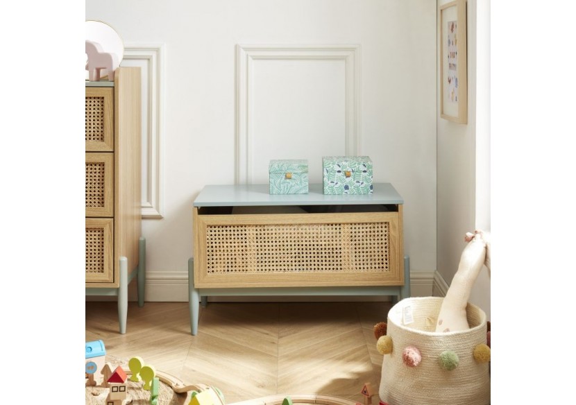 Coffre à jouet PABLO bleu et cannage rotin