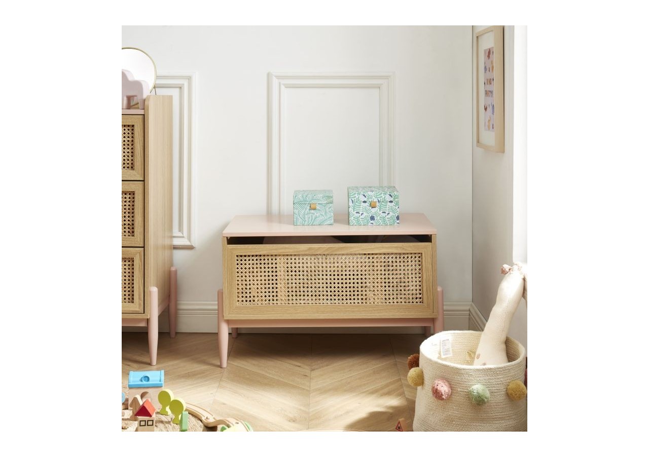 Coffre à jouet PABLO rose et cannage rotin
