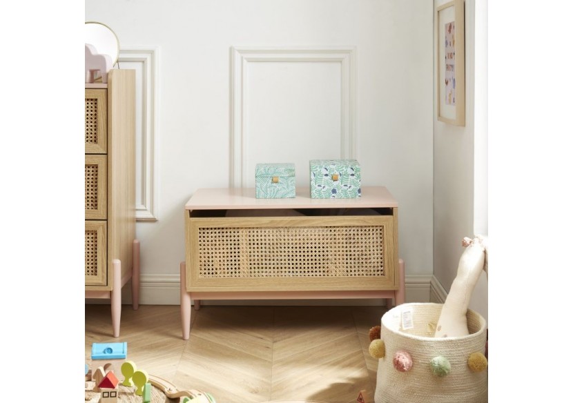 Coffre à jouet PABLO rose et cannage rotin