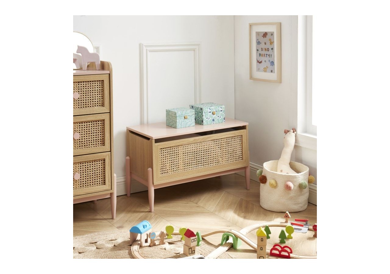 Coffre à jouet PABLO rose et cannage rotin