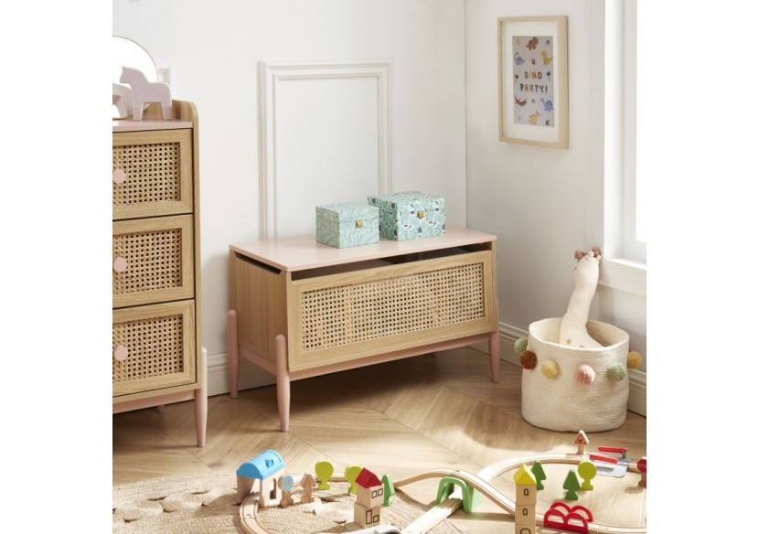 Coffre à jouet PABLO rose et cannage rotin