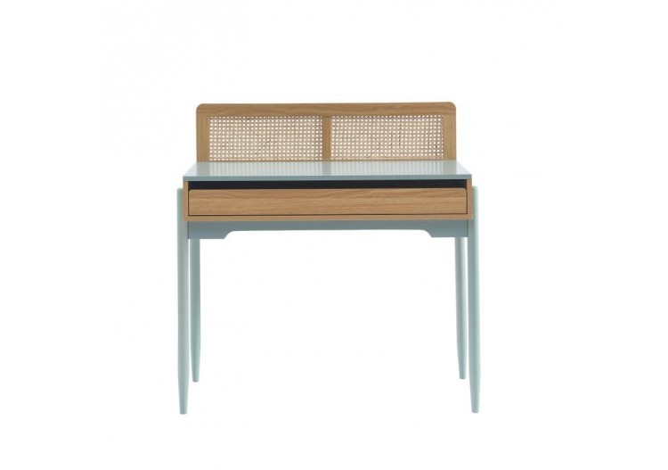 Bureau PABLO bleu et cannage rotin 1 tiroir