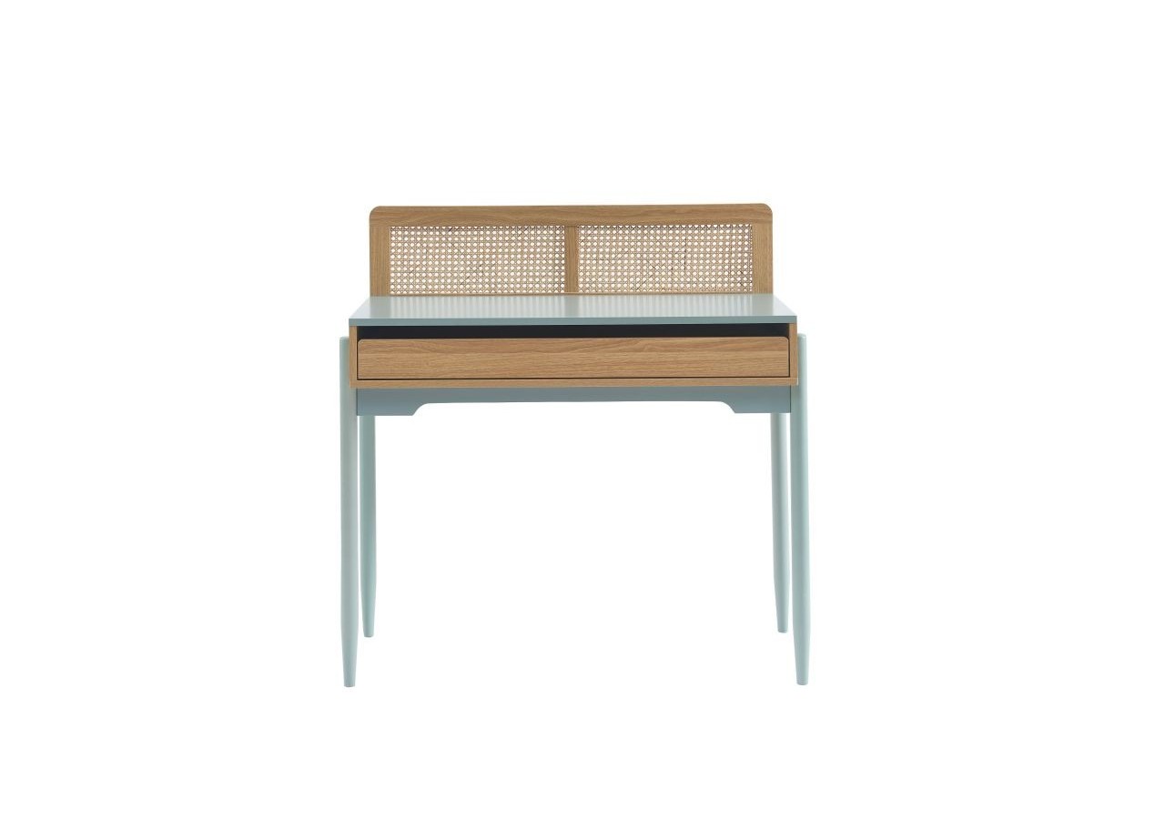 Bureau PABLO bleu et cannage rotin 1 tiroir