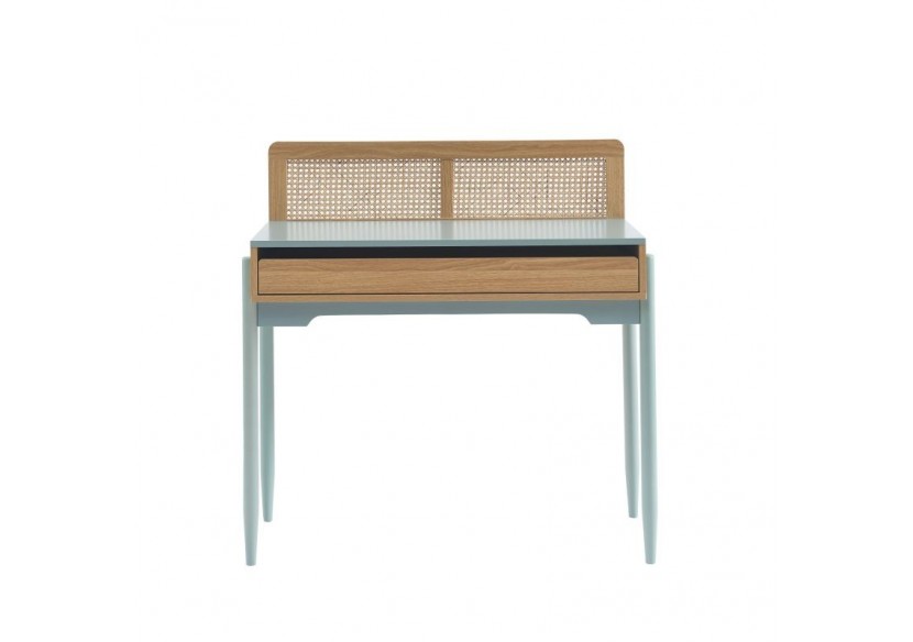 Bureau PABLO bleu et cannage rotin 1 tiroir