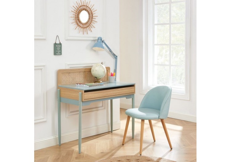 Bureau PABLO bleu et cannage rotin 1 tiroir 2