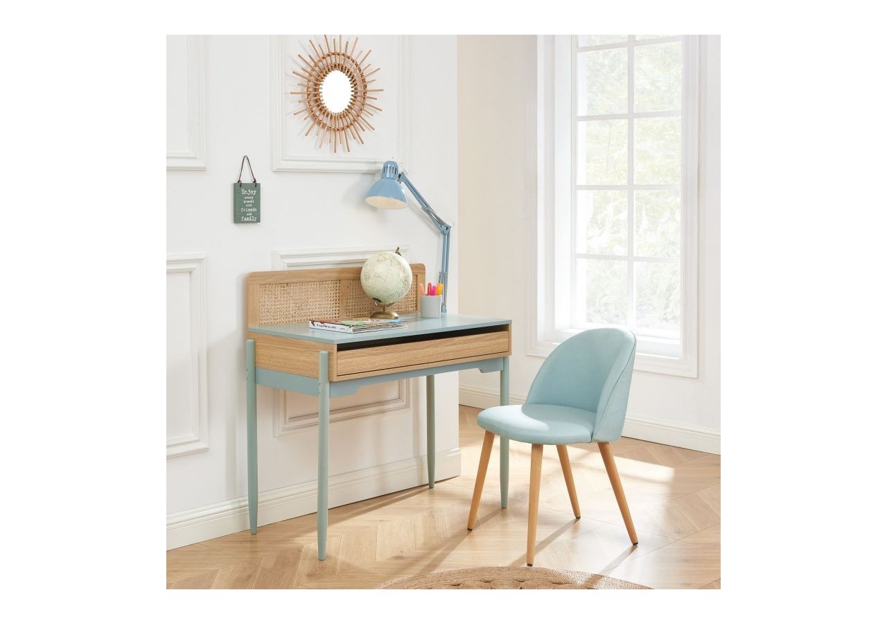 Bureau PABLO bleu et cannage rotin 1 tiroir