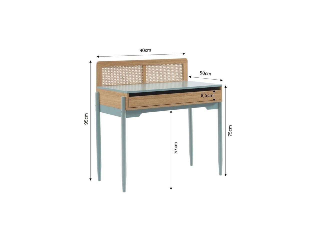 Bureau PABLO bleu et cannage rotin 1 tiroir