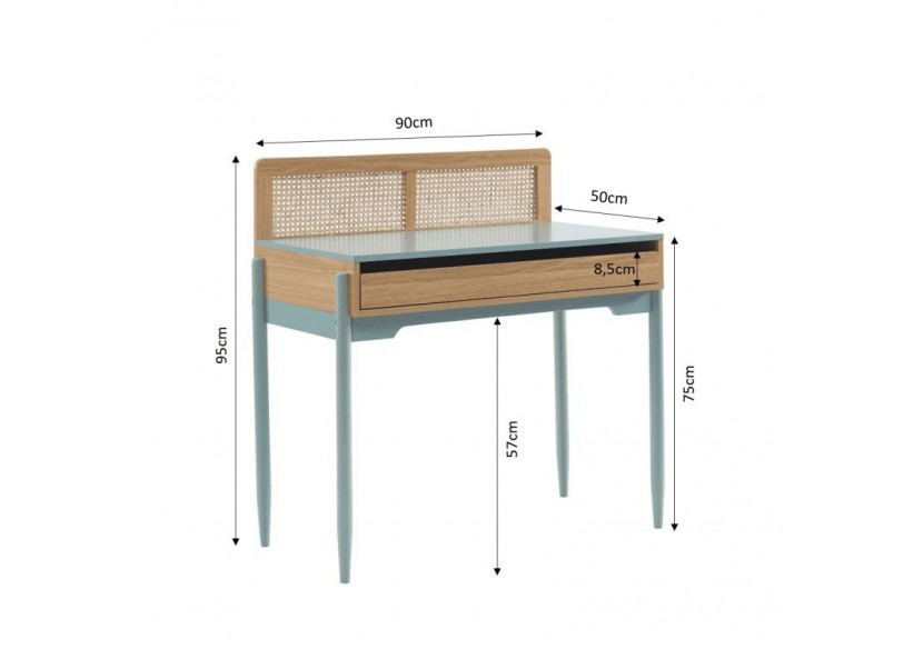 Bureau PABLO bleu et cannage rotin 1 tiroir