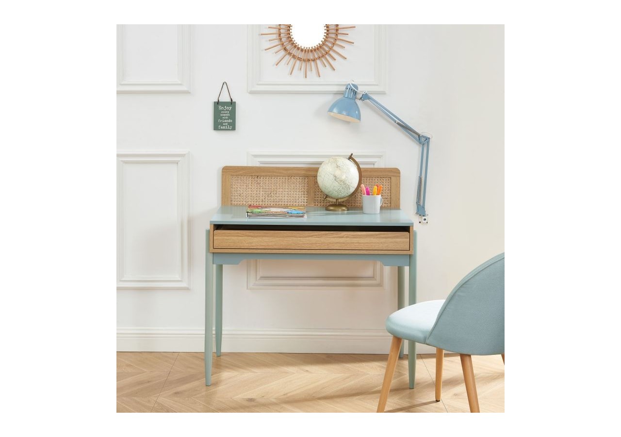 Bureau PABLO bleu et cannage rotin 1 tiroir