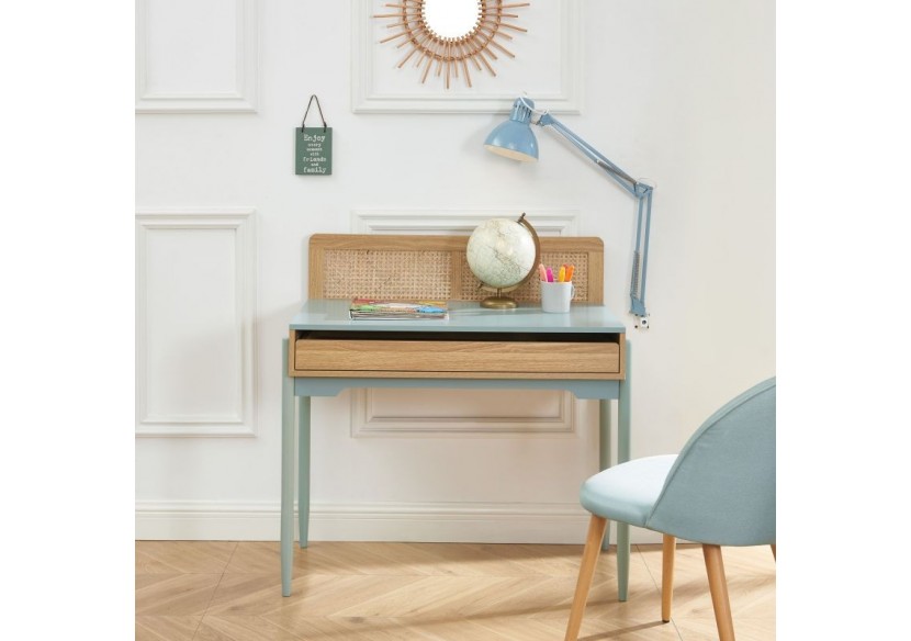 Bureau PABLO bleu et cannage rotin 1 tiroir