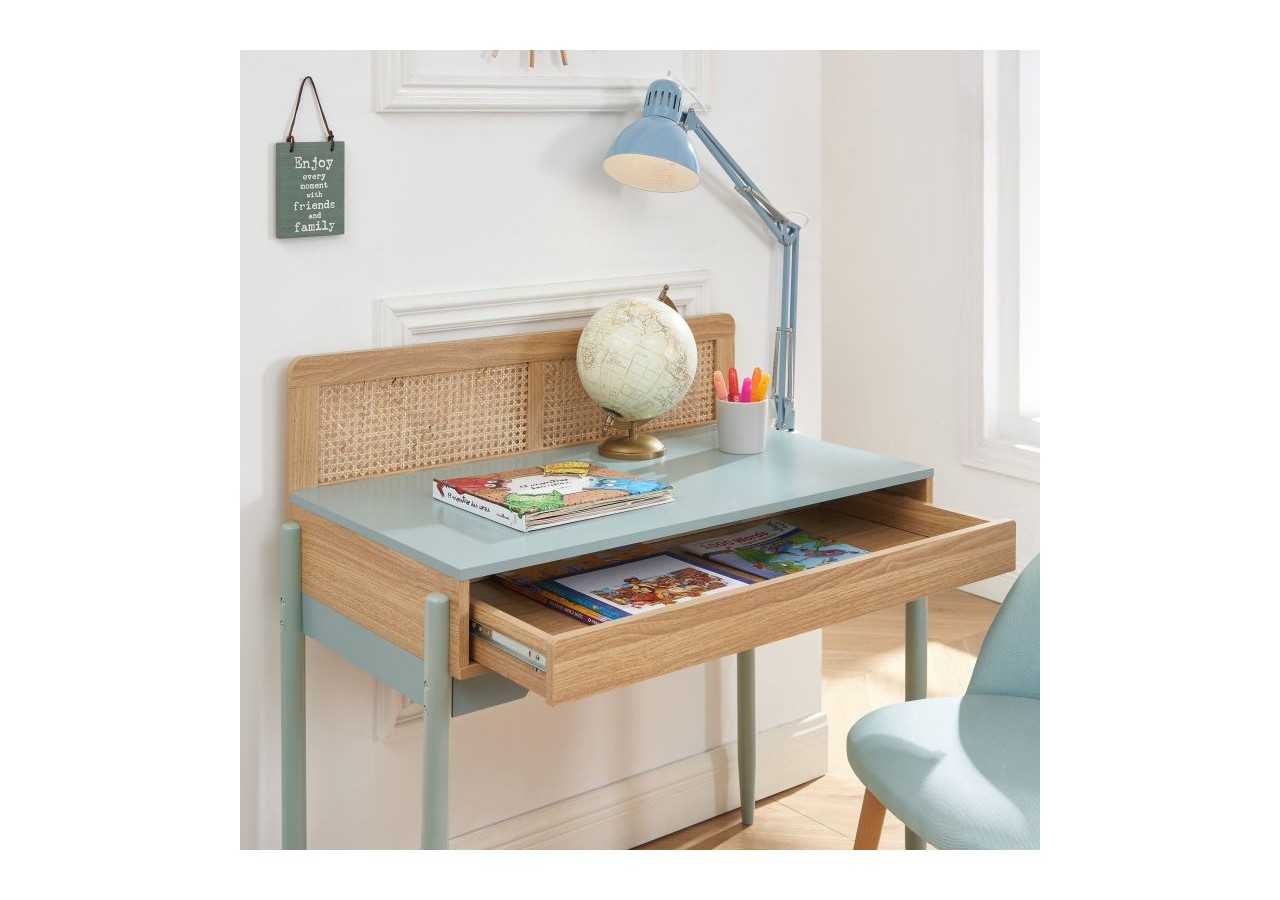 Bureau PABLO bleu et cannage rotin 1 tiroir