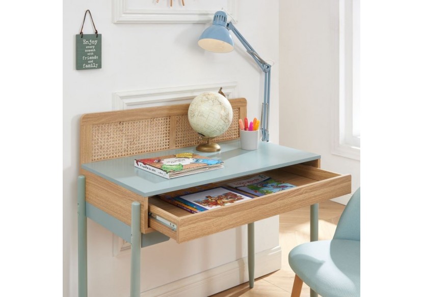 Bureau PABLO bleu et cannage rotin 1 tiroir