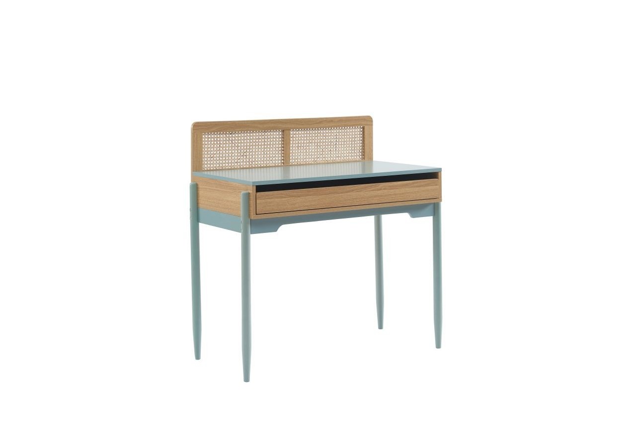 Bureau PABLO bleu et cannage rotin 1 tiroir