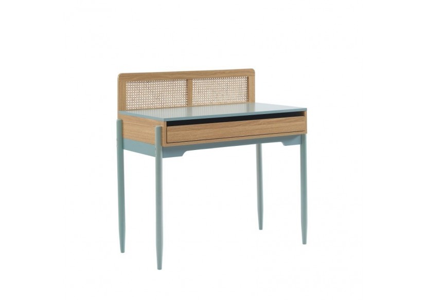 Bureau PABLO bleu et cannage rotin 1 tiroir