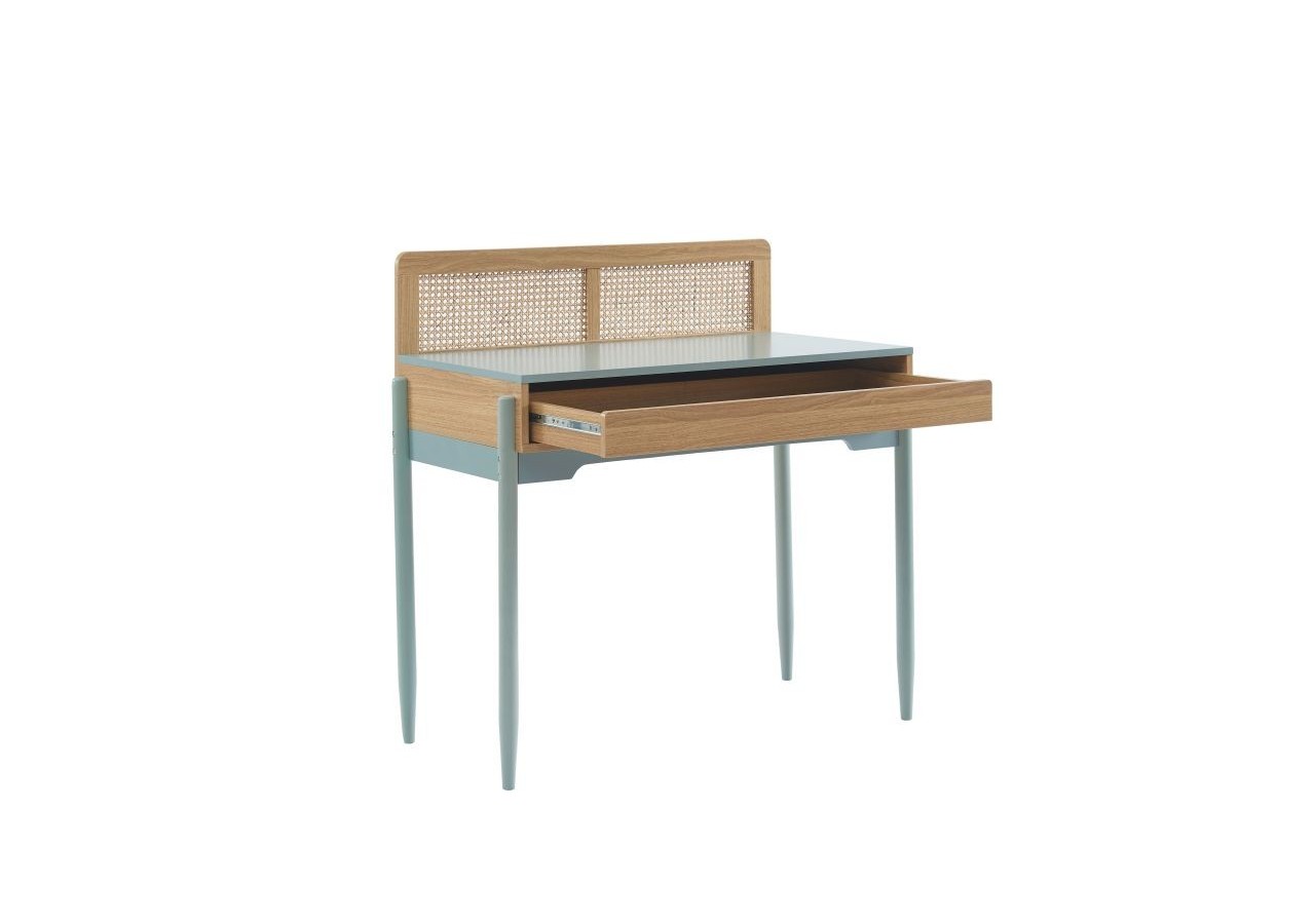 Bureau PABLO bleu et cannage rotin 1 tiroir