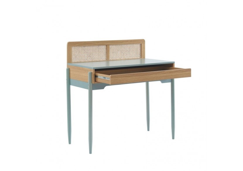 Bureau PABLO bleu et cannage rotin 1 tiroir