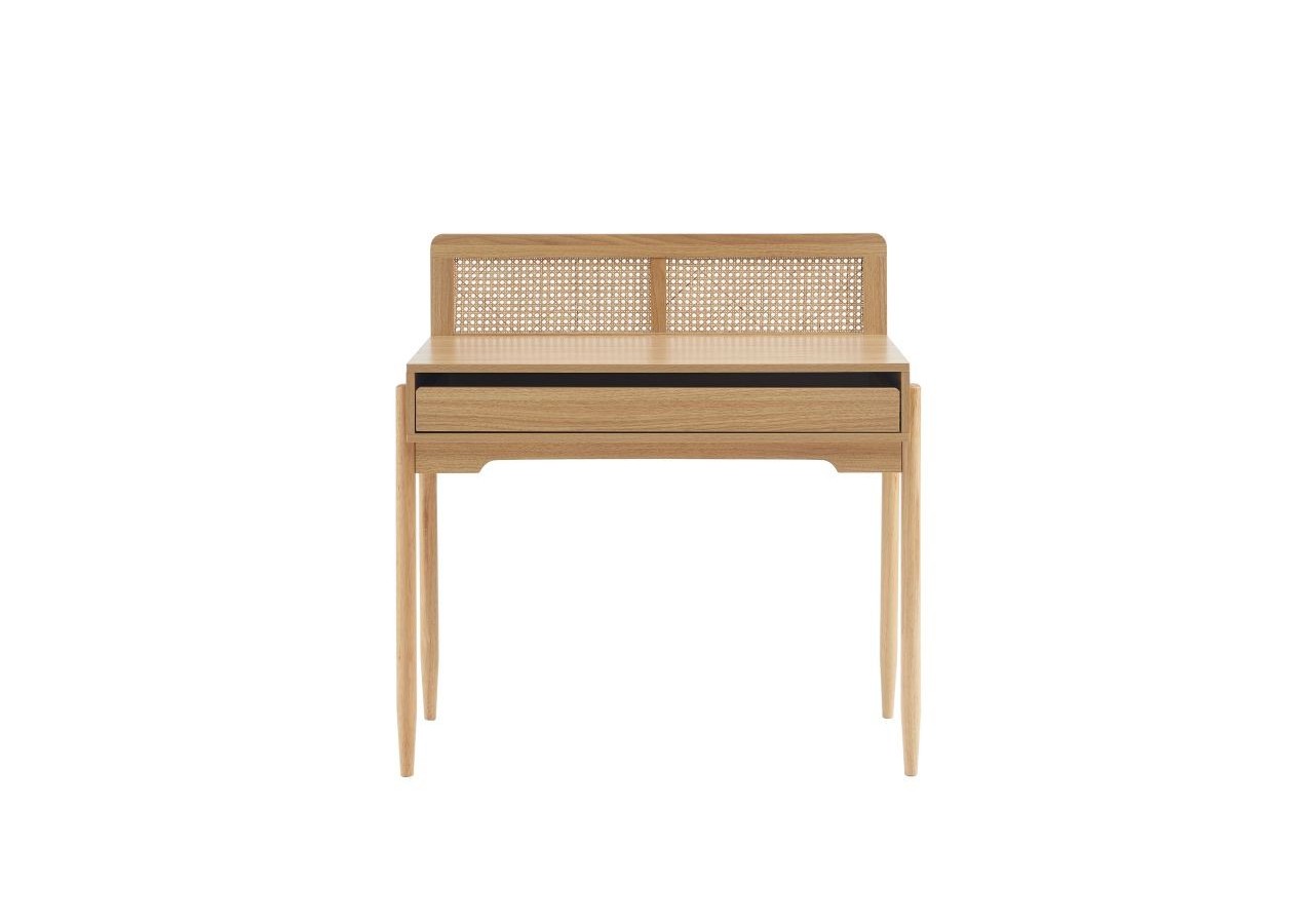 Bureau PABLO cannage rotin et effet bois 1 tiroir
