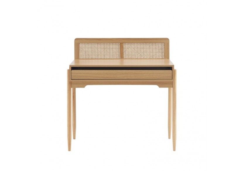 Bureau PABLO cannage rotin et effet bois 1 tiroir